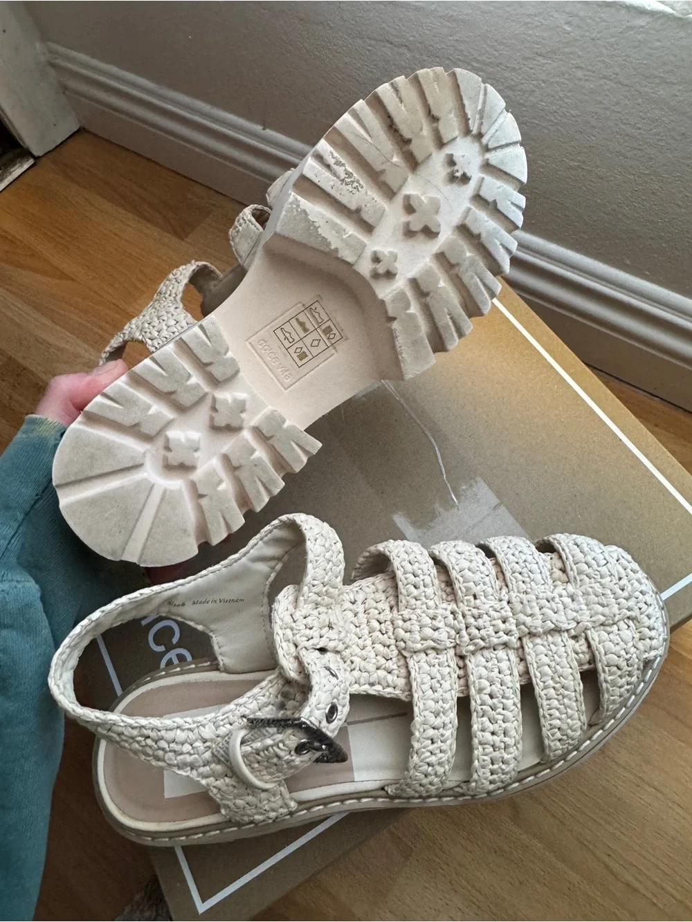 Dolce Vita Lasley raffia lattice Platform Sandals in the bone color